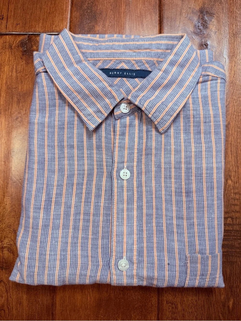 Perry Ellis Blue and Pink Striped Short-Sleeve Button-Down Shirt